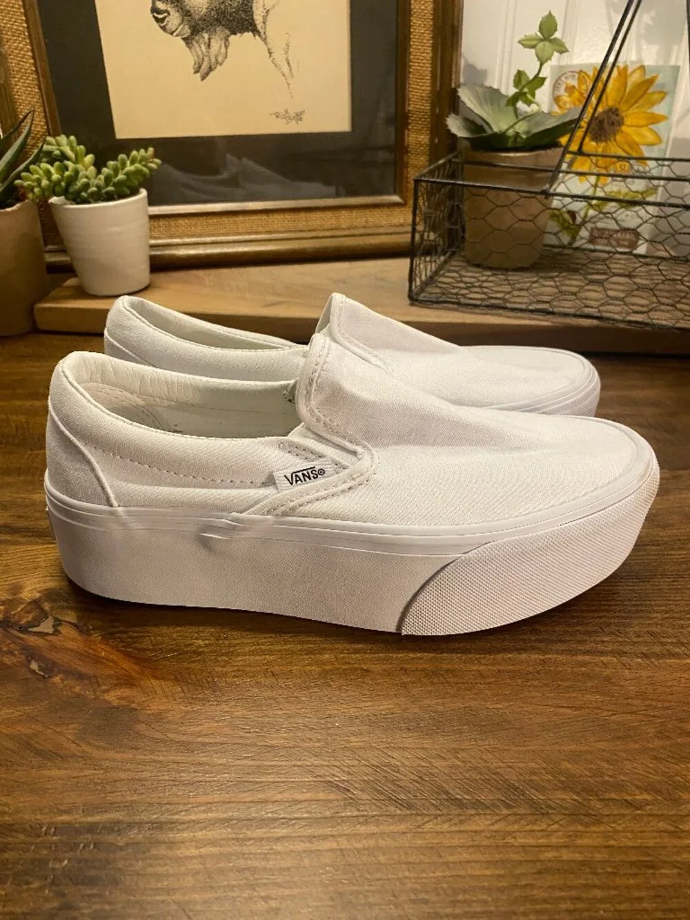 VANS Classic Slip-On Platform White Canvas Sneakers Women’s Size 6